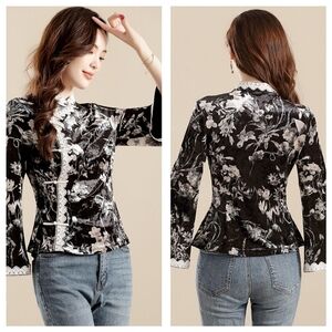 DKNY Women Calista Velvety Cheomgsam Top XL Black/White Flare Sleeve Lace Trim